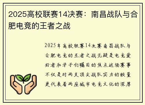 2025高校联赛14决赛：南昌战队与合肥电竞的王者之战
